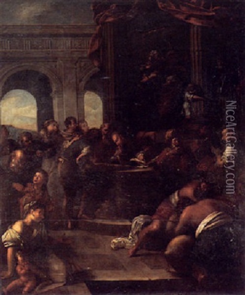 A Biblical Scene (joseph Distributing Corn?) Oil Painting - Johann Heinrich Schoenfeldt