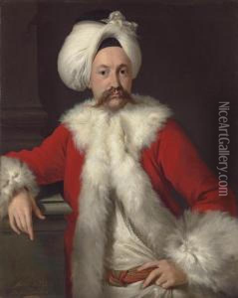 Portrait Of A Gentleman, Possibly Richard Salwey, Half-length, In A Fur-trimmed Red Coat And A Turban Oil Painting - Andrea Soldi