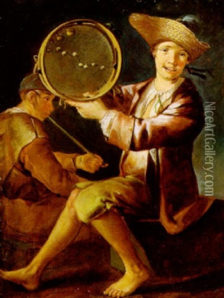 Zwei Manner Mit Einem Tamburin Oil Painting - Giacomo Francesco Cipper