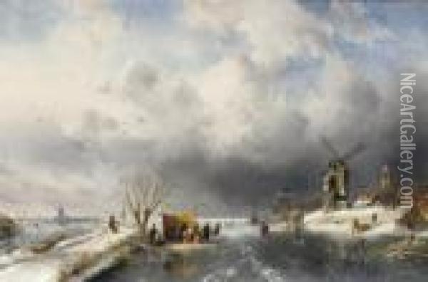 At The 'koek En Zopie' In A Panoramic Winter Landscape Oil Painting - Charles Henri Leickert