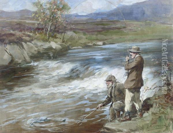 Landing A Salmon Oil Painting - George Denholm Armour