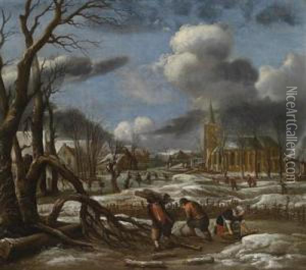 A Winter Landscape Oil Painting - Aert van der Neer