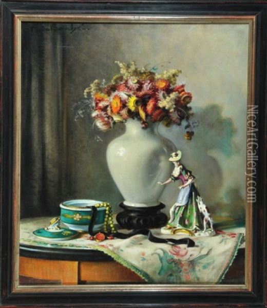 Stillleben Mit Blumenvase Und Porzellanfigur Oil Painting - Arnulf De Bouche