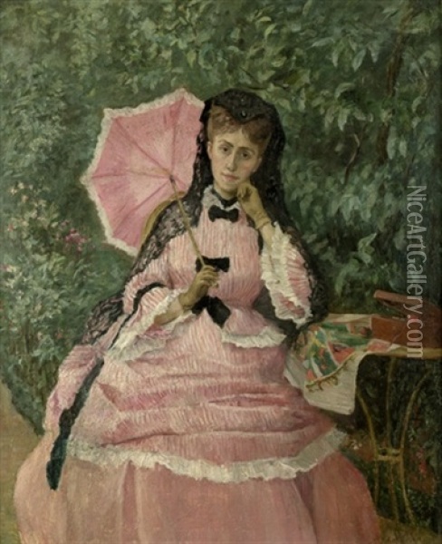 Junge Dame In Rosa, Im Garten Sitzend Oil Painting - Henri Michel-Levy
