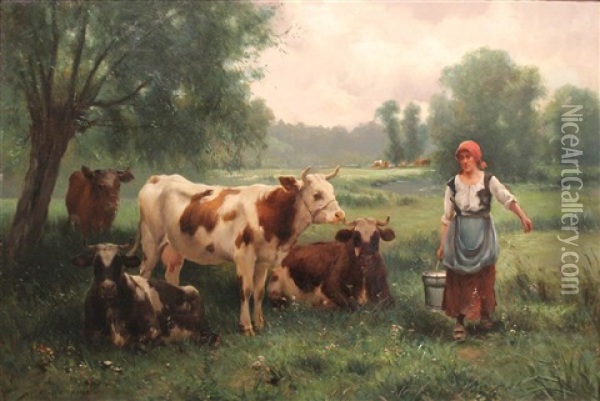 Milk Maid Guarding Her Cattle Oil Painting - Julien Dupre