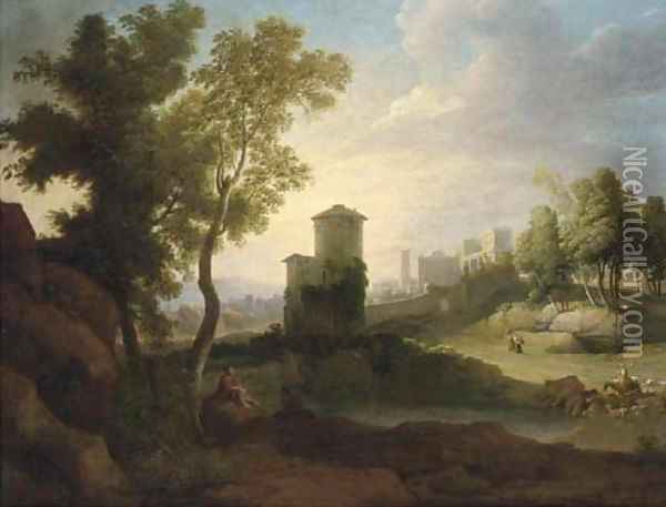 A classical landscape with a drover and cattle at a lake, a walled town beyond Oil Painting - Hendrik Frans Van Lint