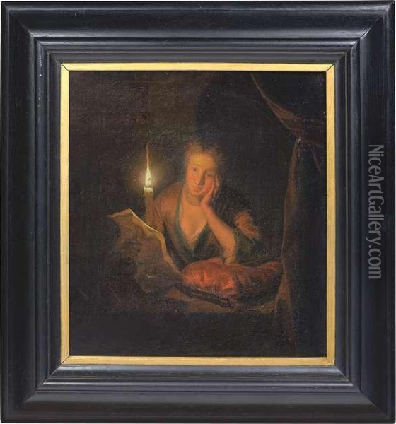 A Young Woman Reading A Letter By Candlelight. Inscibed Oil Painting - Godfried Schalcken