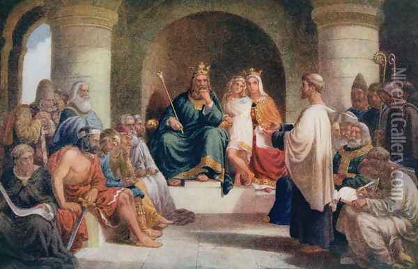 King Alfred (849-99) submitting his laws to the Witan, illustration from 'Lives of Great Men Told by Great Men', c.1920s Oil Painting - John Bridges