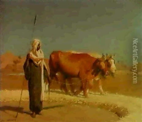 A Bedouin With Two Oxen Threshing Corn Oil Painting - Jean-Leon Gerome