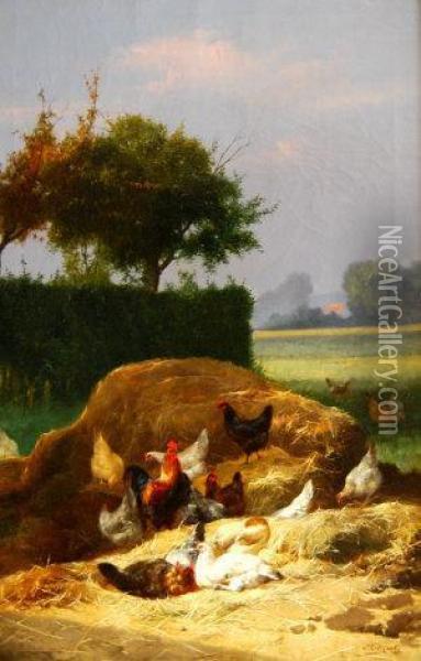 Chickens In A Hay Rick In Summer And Chickens In A Barn During Winter Oil Painting - Eugene Remy Maes