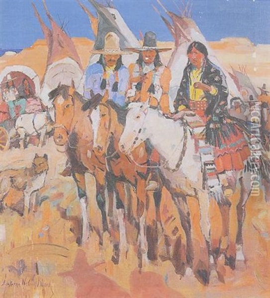 Native Americans On Horseback At Desert Encampment Oil Painting - Laverne Nelson Black