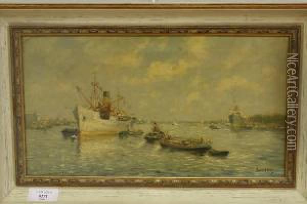 Zicht Op Rotterdamse Haven Met Oceaanstomer En Sleepboot Oil Painting - J. Van Delden