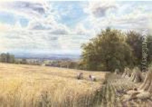 Harvesters In An Extensive Landscape Oil Painting - Edmund George Warren