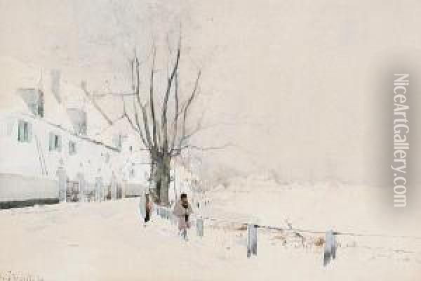 Figures In A Winter Landscape Oil Painting - Henri Stacquet