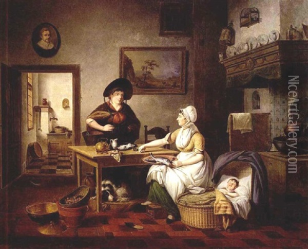 A Kitchen Interior With A Mother Holding A Plate Of Fish, A Baby Sleeping In A Cradle, And A Woman Holding A Bucket Of Fish Standing Next To A Table, A View Of The Pantry Beyond Oil Painting - Pieter Fonteyn