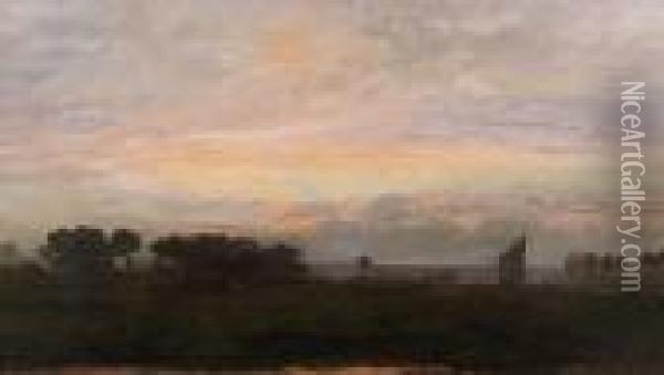 Sailing Barge At A Lock At Sunset Oil Painting - Henry Moore