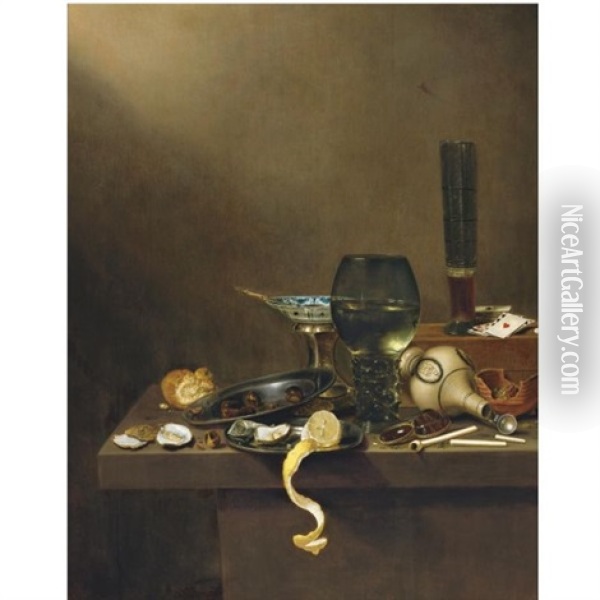 Still Life With A Beer Glass And Playing Cards On A Wooden Box, With A Large Roemer, A Brazier, A Pipe, A Stoneware Tankard On Its Side, A Bread Roll, Oysters And Other Objects Arranged On The Ledge B Oil Painting - Jan van de Velde III