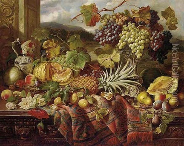 Still Life With Peaches, A Pomegranate, Grapes In A Tazza, A Pineapple, An Orange, Plums And Pears, Amongst Roses, Poppies And Vines On A Chest, Draped With A Rug Oil Painting - William Duffield