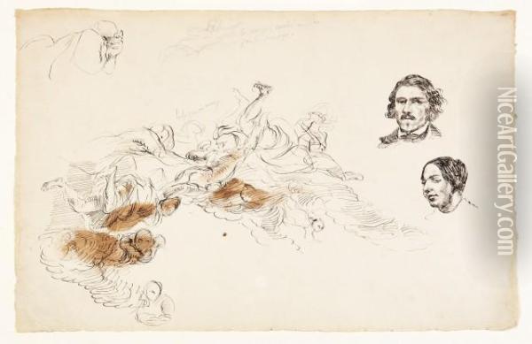 Feuille D'etude Avec Des Figures
 Plafonnantes, Un Autoportraitet Le Portrait De Jenny Le Guillou Oil Painting - Eugene Delacroix