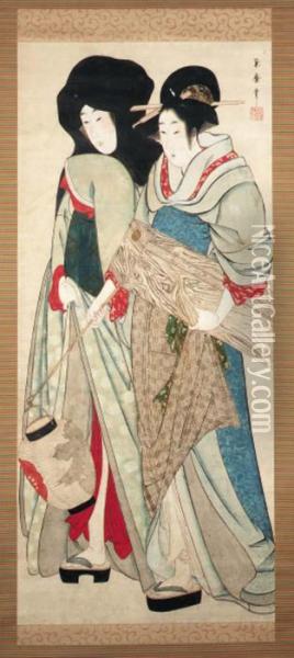 Geisha And Attendant
Hanging Scroll; Ink And Color On Paper Oil Painting - Kitagawa Tsukimaro