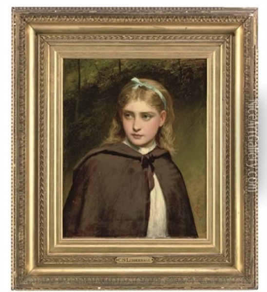 Portrait Of A Young Girl In A Brown Cloak, In A Wooded Landscape Oil Painting - Charles Sillem Lidderdale