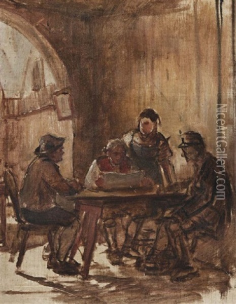 Vier Personen Um Einen Tisch (skizze) Oil Painting - Franz Von Defregger