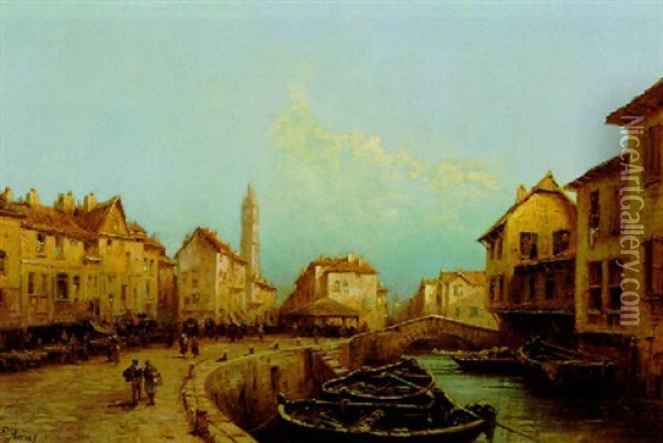 Blick Auf Eine Stadt Am Kanal Oil Painting - Eugenio Amus