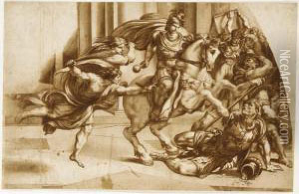 The Expulsion Of Heliodorus, After Giulio Romano Oil Painting - Johannes Episcopius