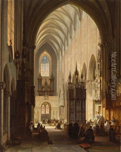 Blick In Eine Lichtdurchflutete Gotische Kathedrale Mit Zahlreichen Glaubigen Bei Einer Messfeier Oil Painting - Jules Victor Genisson