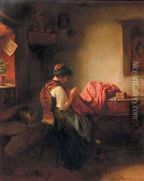 Young girl sewing Oil Painting - Ludwig Vollmar