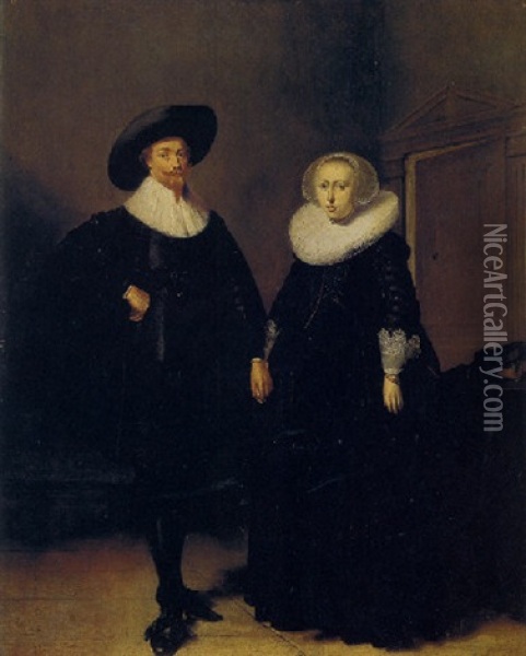A Gentleman And A Lady In An Interior Oil Painting - Pieter Jacobs Codde