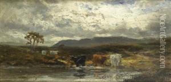 Far From The Busyworld, An 
Upland Landscape With Cattle Watering In The Shallows Ofa Pool Oil Painting - John Smart