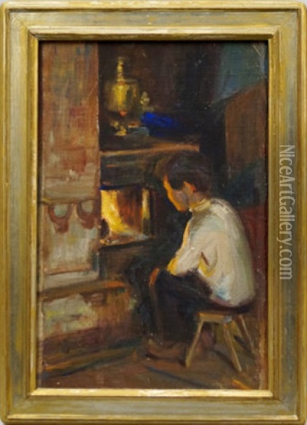 Study Of A Boy By A Fireplace Oil Painting - Stanislaus von Korzeniewski