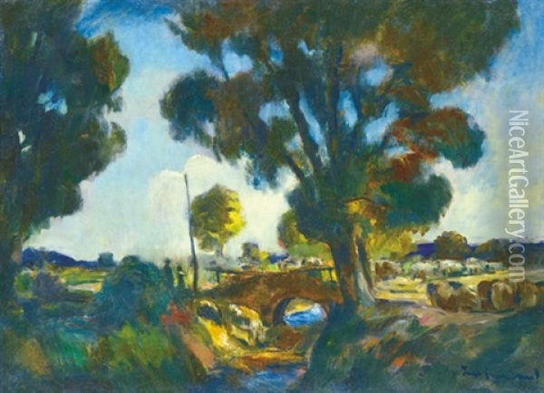 Riverbank With Trees Oil Painting - Bela Ivanyi Gruenwald