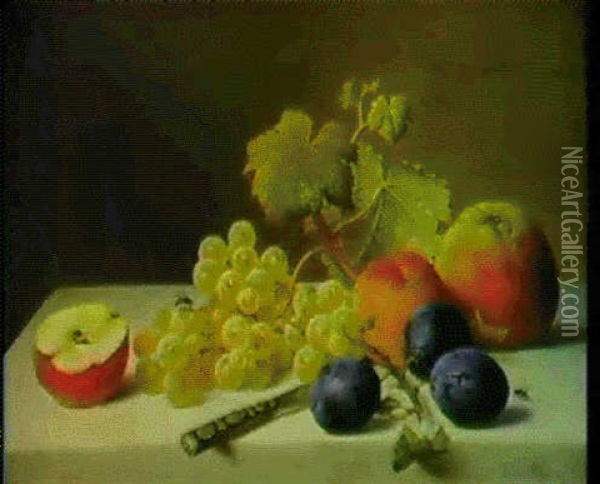 A Still Life Of Fruit And A Knife On A Marble Ledge Oil Painting - Emilie Preyer