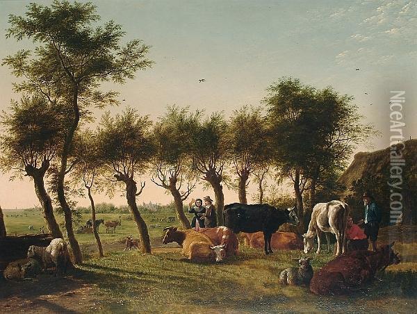 Figures With Cattle And Sheep In A Landscape Oil Painting - Jan I Kobell