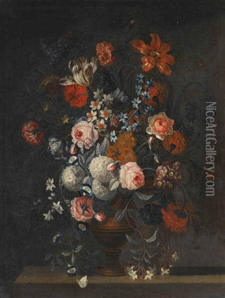 Arrangement Of Tulips, A Peonie, Forget-me-not And Other Flowers In A Vase On A Ledge Oil Painting - Simon Hardime