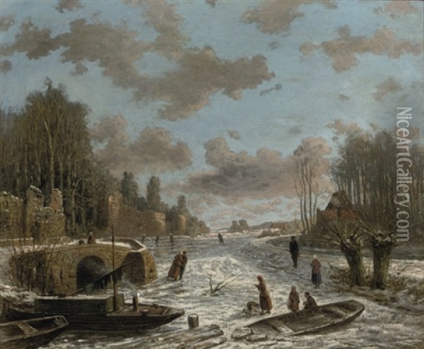 The Stadsbuitengracht In Winter, Utrecht Oil Painting - Theodor Soeterik