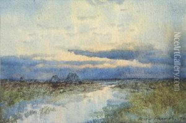 Bogland Pool With Turf Stacks At Sunset Oil Painting - William Percy French