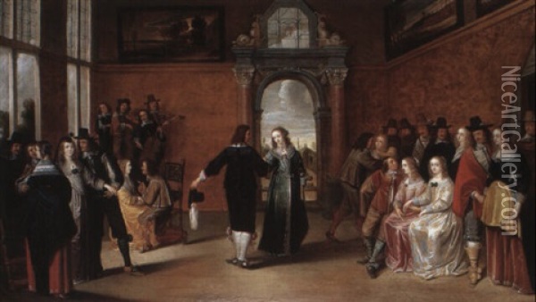 Interior With A Music Party And An Elegant Couple Dancing Oil Painting - Hieronymous (Den Danser) Janssens