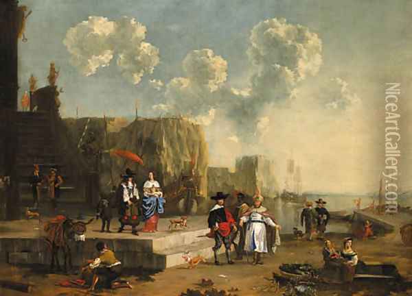 A capriccio of a Mediterranean harbour with elegant travellers, a moor and an oriental merchants, and other figues Oil Painting - Jan Van Der Bent