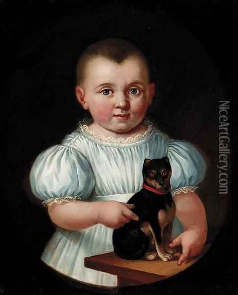 Portrait of a young boy with a dog Oil Painting - German Provincial School