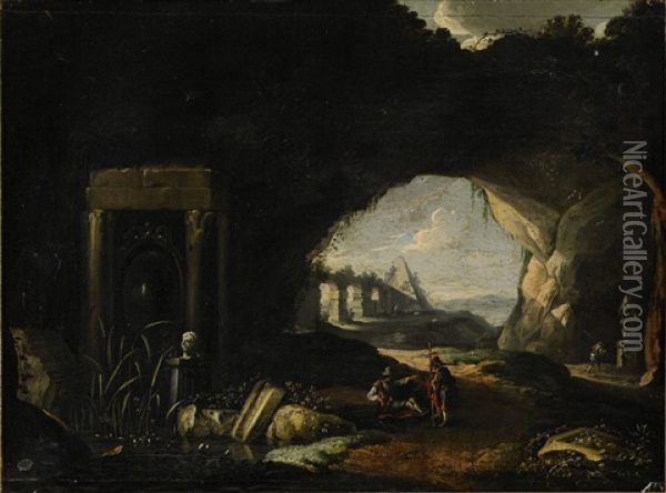 Figurer Pa Den Romerska Campagnan Med Caius Cestius Pyramid I Fonden Oil Painting - Abraham van Cuylenborch