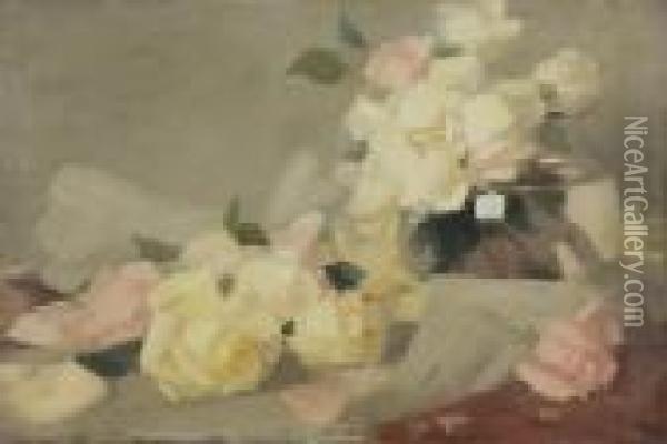 Still Life Of Pink And Lemon Roses And Glass Vase C1888 Oil Painting - James Stuart Park
