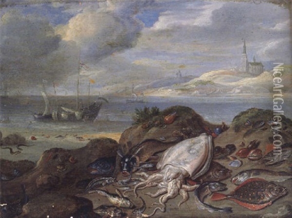 Cuttle-fish, Plaice, Cod, Oysters, Mussels And Other Fish On A Dune, A River Estuary With Shipping Beyond Oil Painting - Jan van Kessel the Elder