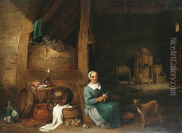 A Woman Peeling Apples In An Interior Oil Painting - David The Younger Teniers