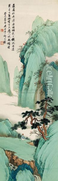 Waterfall In Mountain Oil Painting - Qi Kun