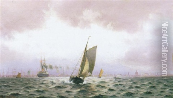 Marina Con Citta Sullo Sfondo Oil Painting - Johan Jens Neumann