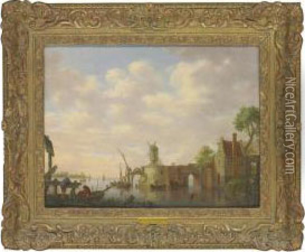 A River Estuary With Fishermen And Stevedores, A Dock And A Windmill Beyond Oil Painting - Hendrick Willelm Schweickhardt