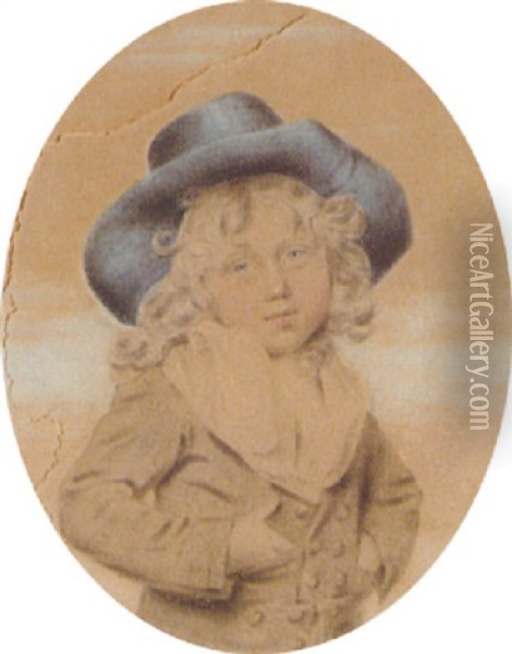 Samuel, Son Of Joseph Corsbie, As A Child Wearing A Large Blue Hat, His Hands Tucked Inside His Grey Jacket Oil Painting - John Downman